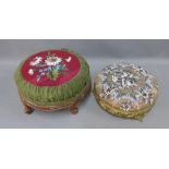 Two beaded footstools, lone with mahogany frame the other brass, larger 28 x 16cm (2)
