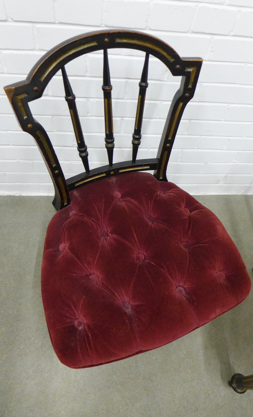 Pair of Victorian ebonised and parcel gilt side chairs with button upholstered stuff over seats. - Image 2 of 3