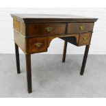 Georgian oak and walnut veneered lowboy, the rectangular top over four frieze drawers with brass