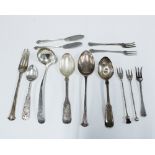 Collection of silver teaspoons, pickle forks and butter knives, mixed hallmarks (a lot)