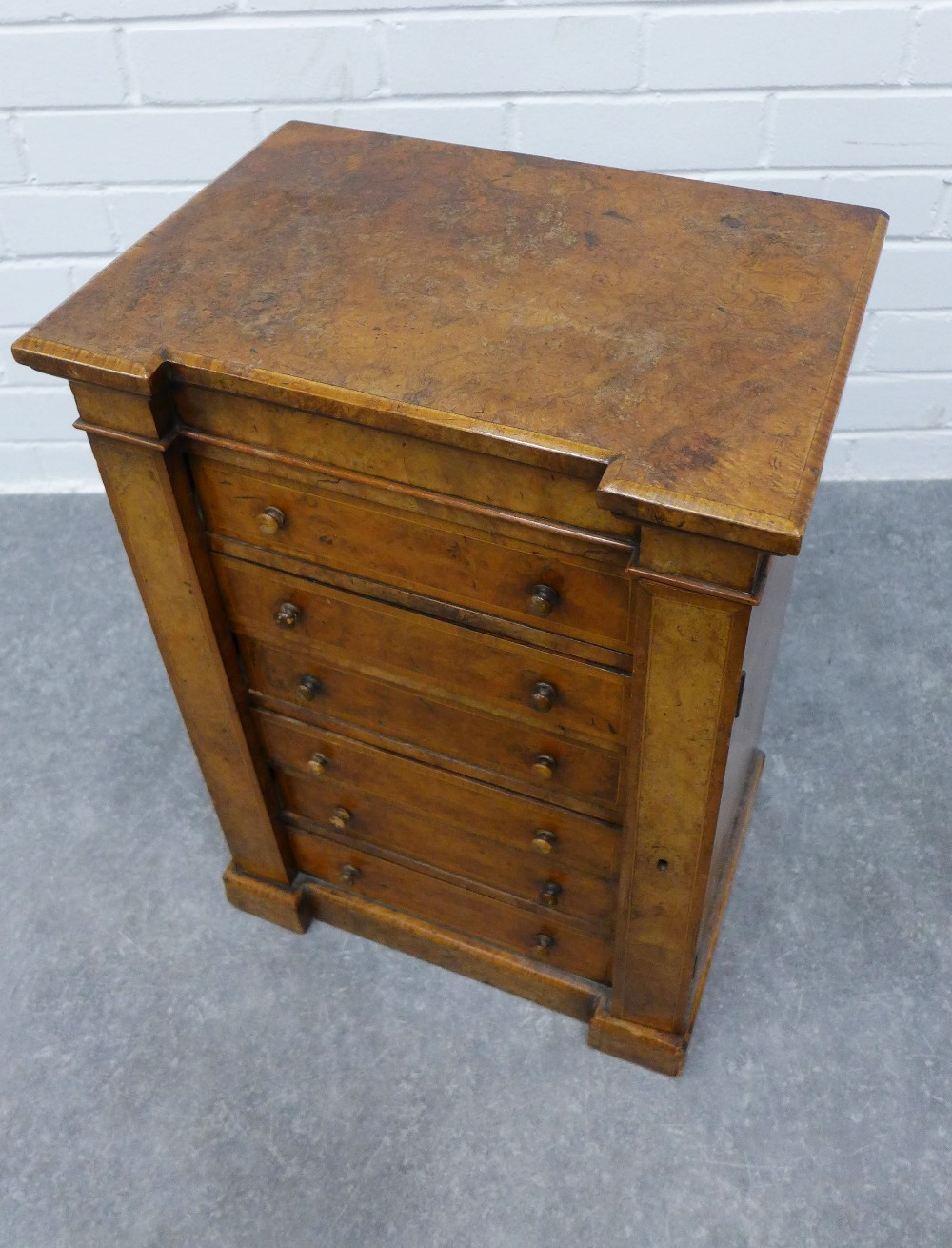 A miniature Victorian walnut Wellington chest, with inverted top over six drawers with wellington - Image 2 of 4