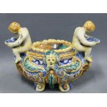 Maiolica pottery bowl with figural handles with shells, 21cm long