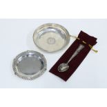 QEII silver pin dish, Sheffield 1968 and a continental silver pin dish and silver teaspoon (3)