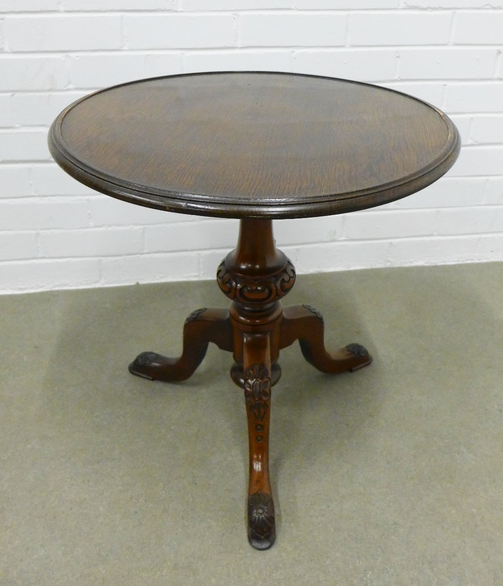 Mahogany pedestal table with a circular oak top with dished edge, on carved column and tripod legs