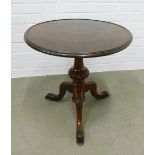 Mahogany pedestal table with a circular oak top with dished edge, on carved column and tripod legs