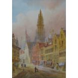 E. Lett, Antwerp street scene with figures, watercolour, signed, under glass within an ornate gilt