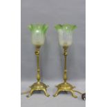 A pair of brass table lamps with green etched glass shades, adjustable, 26cm approx. (2)