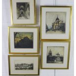 R. Forrest group of five Edinburgh scene coloured etchings, all framed under glass, largest