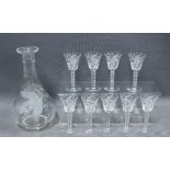 Etched glass decanter and set of nine glasses, with birds and stars pattern (10)