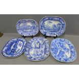 Five Staffordshire blue and white transfer printed ashets to include Furness Abbey Lancashire,