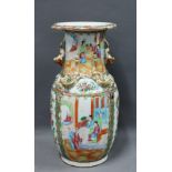 19th century Chinese export famille rose vase with gilt mythical beast handles and flared rim (