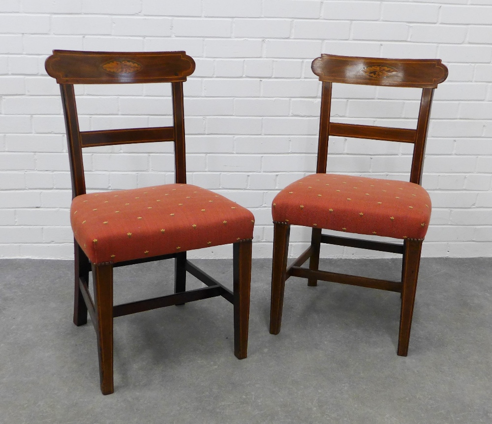 Pair of mahogany and inlaid side chairs, with upholstered stuff over seats 86 x 45 x 40cm. (2)