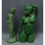 Two female nude figures, one full length pottery model the other in clay, both painted green,