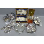Quantity of Epns wares to include toast rack, serving dishes, celtic pattern bowl, cutlery canteens,
