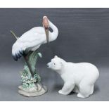 Lladro model of a Crane (a/f) together with a Lladro polar bear figure, both with Lladro Daisa marks