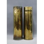 Pair of Trench Art shell cases, one with fruit and leaves pattern, 28cm (2)