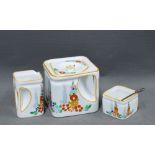 Grosvenor fine bone china "Cube" three part tea set, white glazed with hand painted Art Deco