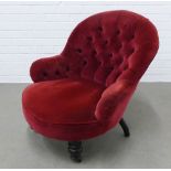 Red velvet buttonback upholstered chair on ebonised legs . 80 x 74 x 54cm.