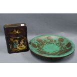 Art Nouveau metal dish, 32cm and a lacquered box in two parts, (2)