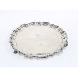 Walker & Hall, Sheffield silver salver with pie crust edge and three scroll feet, with personal