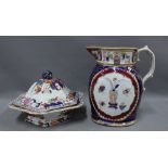 Masons Ironstone jug and a Staffordshire octagonal bowl and cover (2) (the cover a/f)
