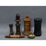 A collection of needle cases and boxes to include a brass thimble box with chick, three carved