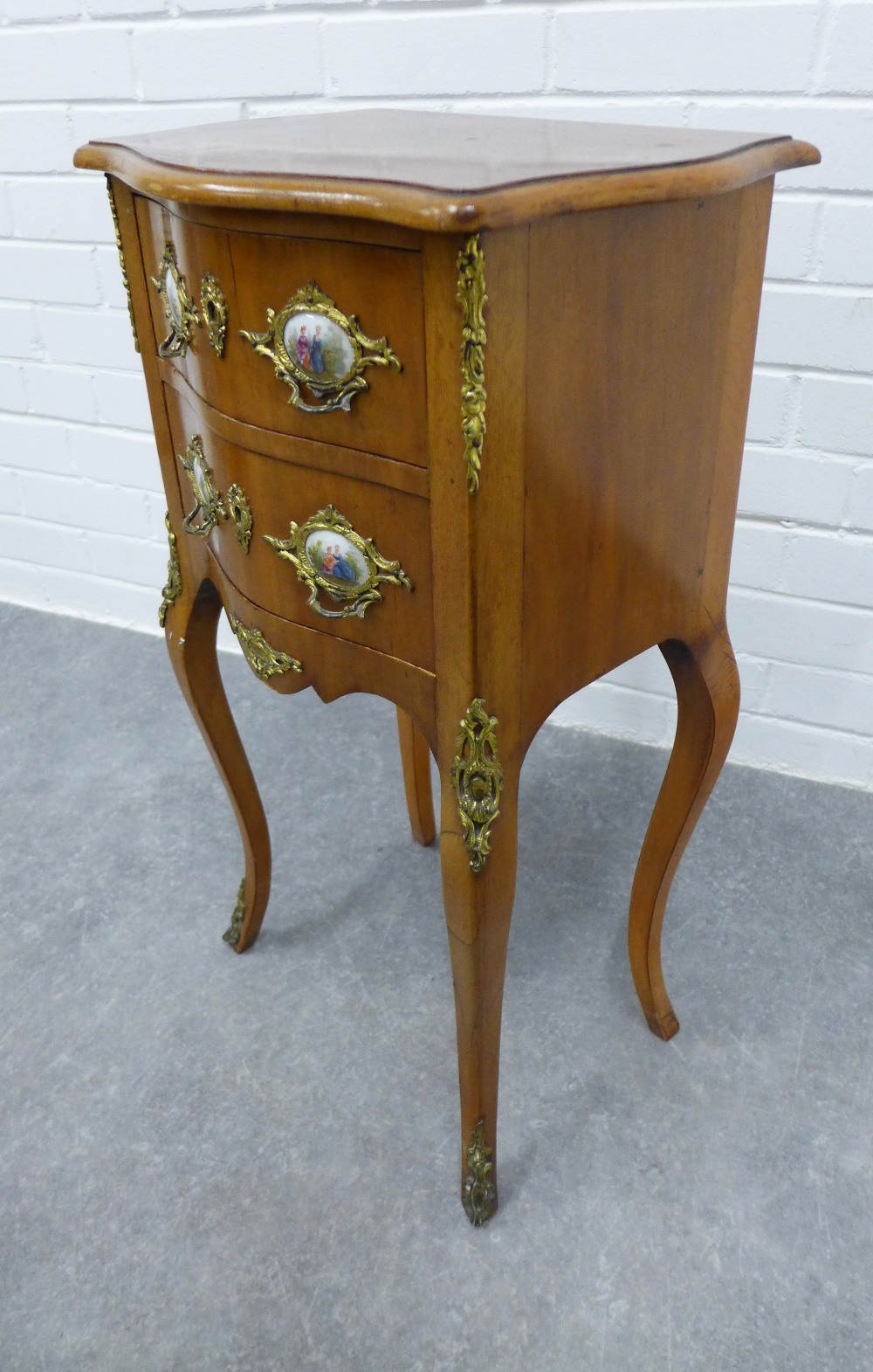 French style mahogany serpentine cabinet, two drawers with ormolu and porcelain mounts, on - Image 2 of 3