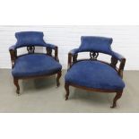 Pair of Edwardian mahogany and blue velvet upholstered tub chairs. 72 x 66 x 60cm. (2)