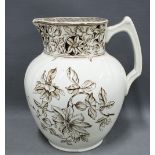 Staffordshire 'Clematis' pattern pottery jug / ewer, transfer printed. 32cm