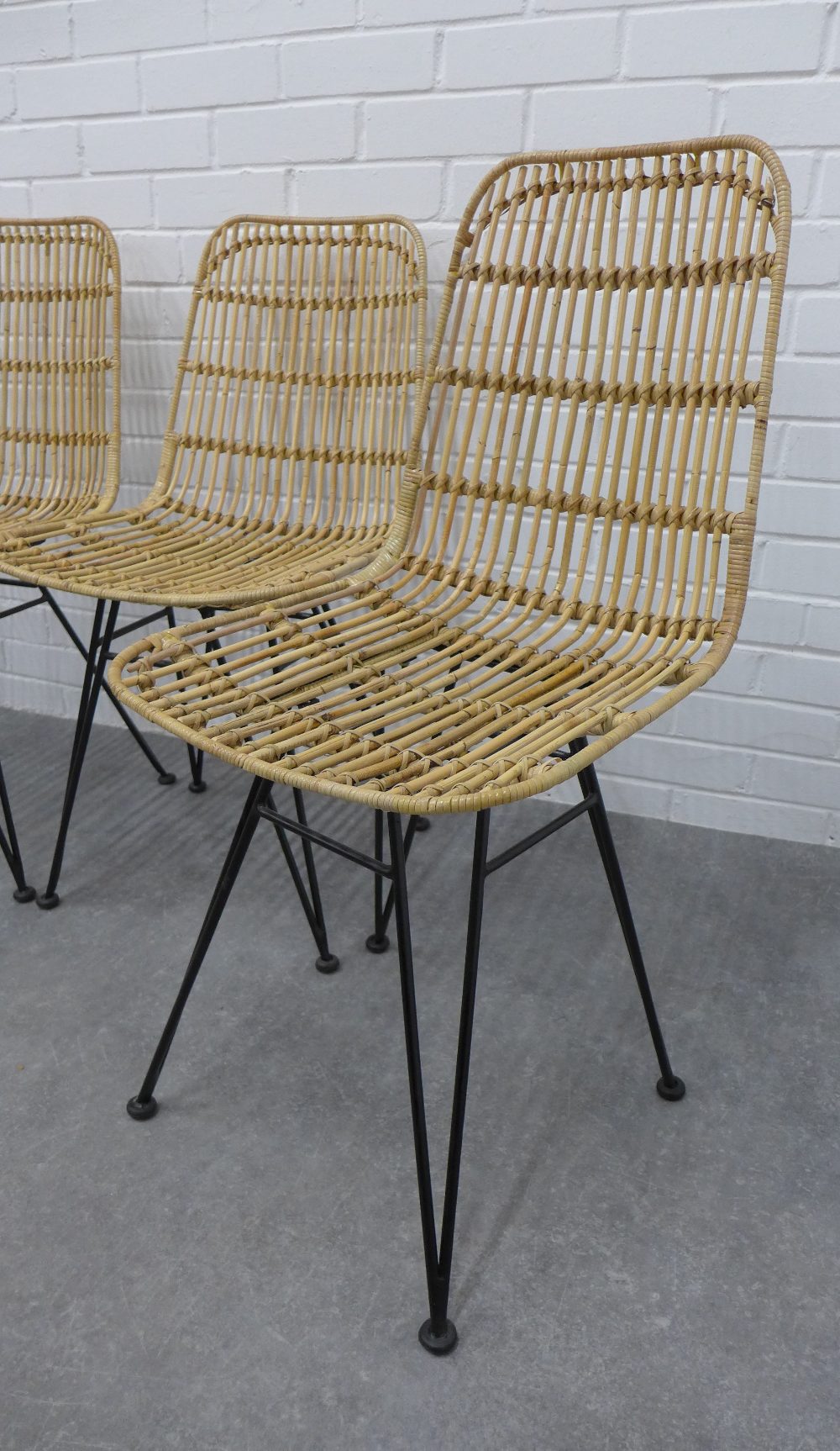 Set of four canework basket chairs on black metal hairpin legs. 80 x 45 x 40cm. (4) - Image 2 of 3