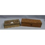 Brass inlaid box together with another with mother of pearl and bone inlaid pattern, 27cm long (2)