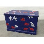 Vintage pine storage box, painted blue with dinosaurs, 58 x 92 x 52cm.