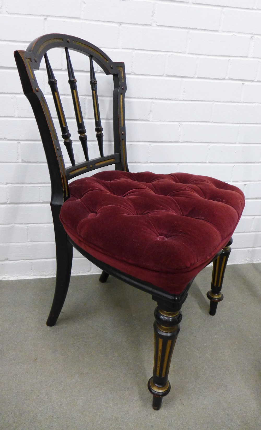 Pair of Victorian ebonised and parcel gilt side chairs with button upholstered stuff over seats. - Image 3 of 3