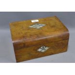 Walnut and mother of pearl inlaid sewing box with a lift out tray, 28 x 13cm