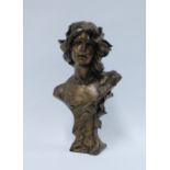 Bronze patinated resin Art Nouveau style head and shoulders bust, 33cm
