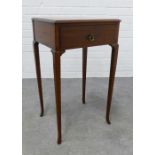 Mahogany side table with a single frieze drawer and slender cabriole legs, 69 x 40 x 35cm.