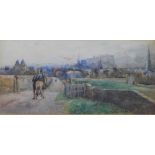 Joseph Finniemore, (1860 - 1939) 'Sun rising over Edinburgh with two soldiers on horses',