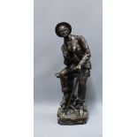 20th century patinated bronze figure of a smoking man, 55cm tall