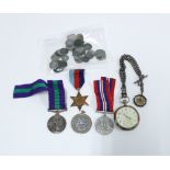 WWII medals, pocket watch, watch chain and coins, a mixed lot