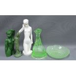 Female nude figures to include one full length pottery model , a clay figure, glass centrepiece