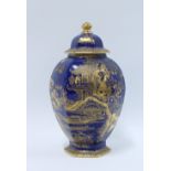 Wilton Ware blue ground vase and cover with chinoiserie gilt pattern, 24cm.