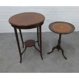 Edwardian mahogany and inlaid occasional table (a/f) together with a pie crust wine table. 72 x