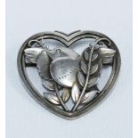 Georg Jensen silver brooch with dove and olive leaves, designed by Arno Malinowski, with makers mark