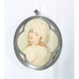 Victorian gothic silver plated frame containing an oval watercolour miniature of Beatrice after
