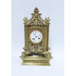 Gilt metal mantle clock, the enamel dial flanked by pierced pilasters, brass movement numbered 7791,