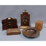 Hardwood table lamp base, stationery rack and fruit bowl together with a carved box and vintage