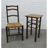 An Arts & Crafts chair with woven rush seat and an oak side table. 67 x 35cm. (2)