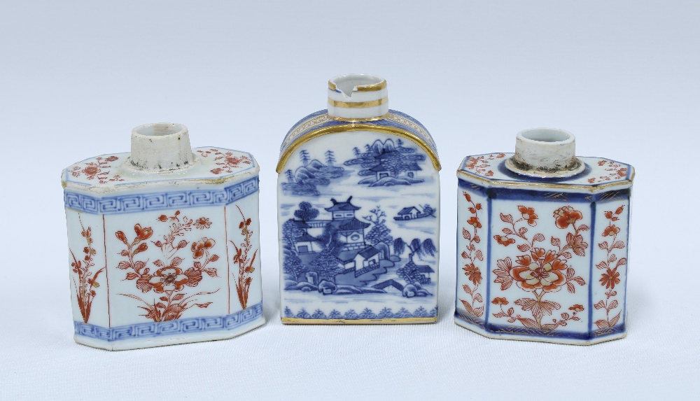 Three various Chinese tea caddies, to include an 18th century blue and white caddy with a chip to