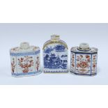 Three various Chinese tea caddies, to include an 18th century blue and white caddy with a chip to