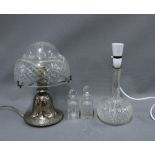 Table lamp base with cut glass shade, 33cm including shade, decanter table lamp and two glass